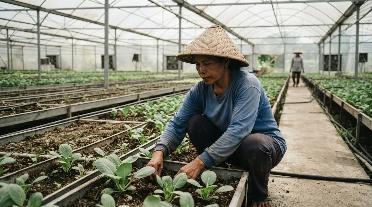 Petani Indonesia merawat kebun sayuran yang subur.
