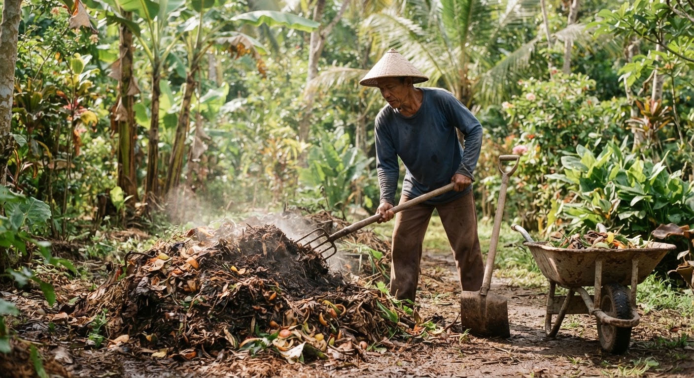 Proses pengomposan sampah organik untuk pupuk alami di kebun tropis.