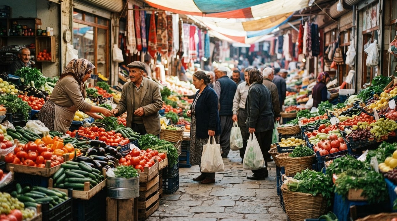 Rengarenk sebze ve meyvelerle dolu Türk pazar yeri