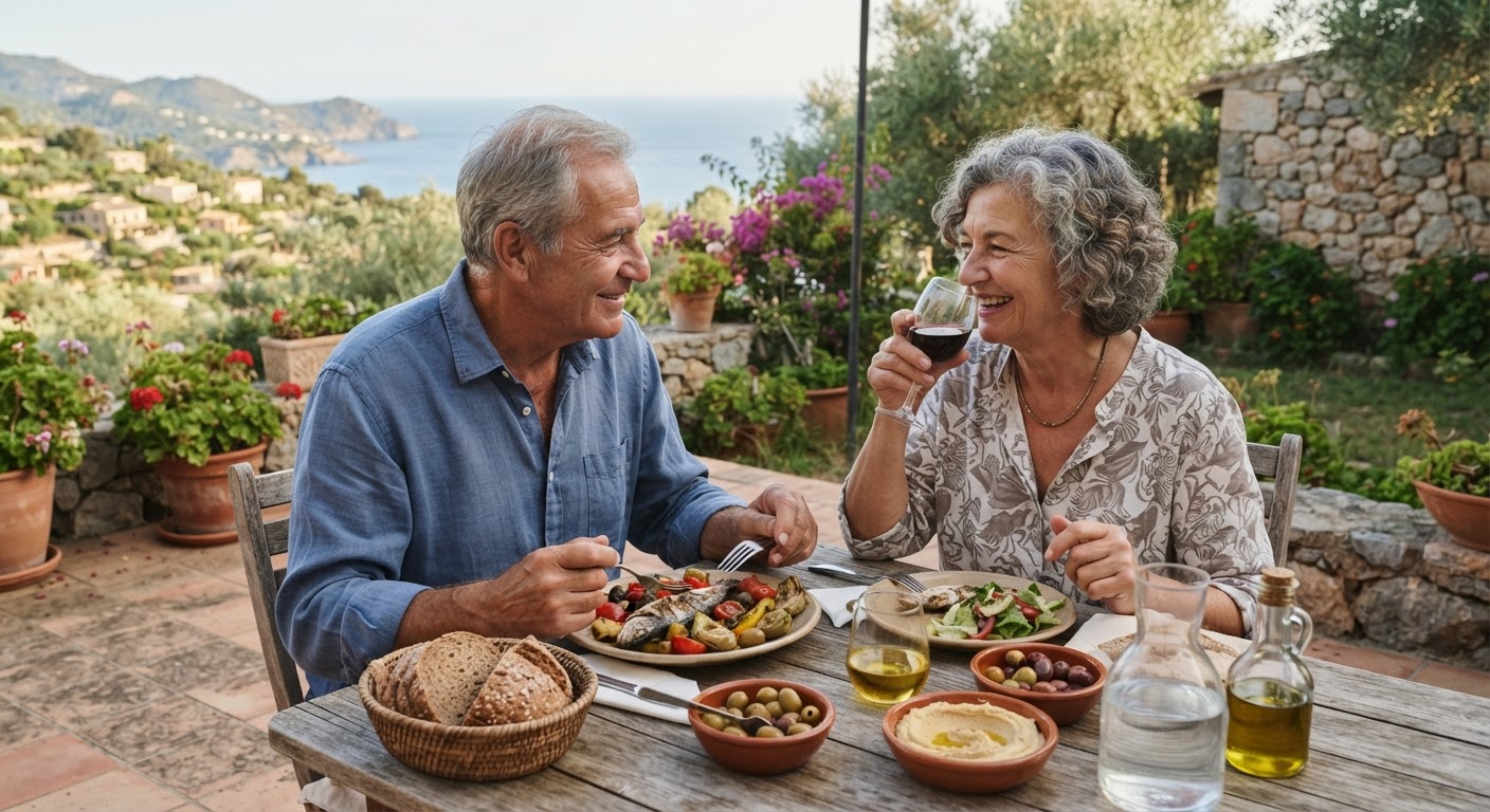 Pareja de ancianos disfrutando de una comida mediterránea saludable