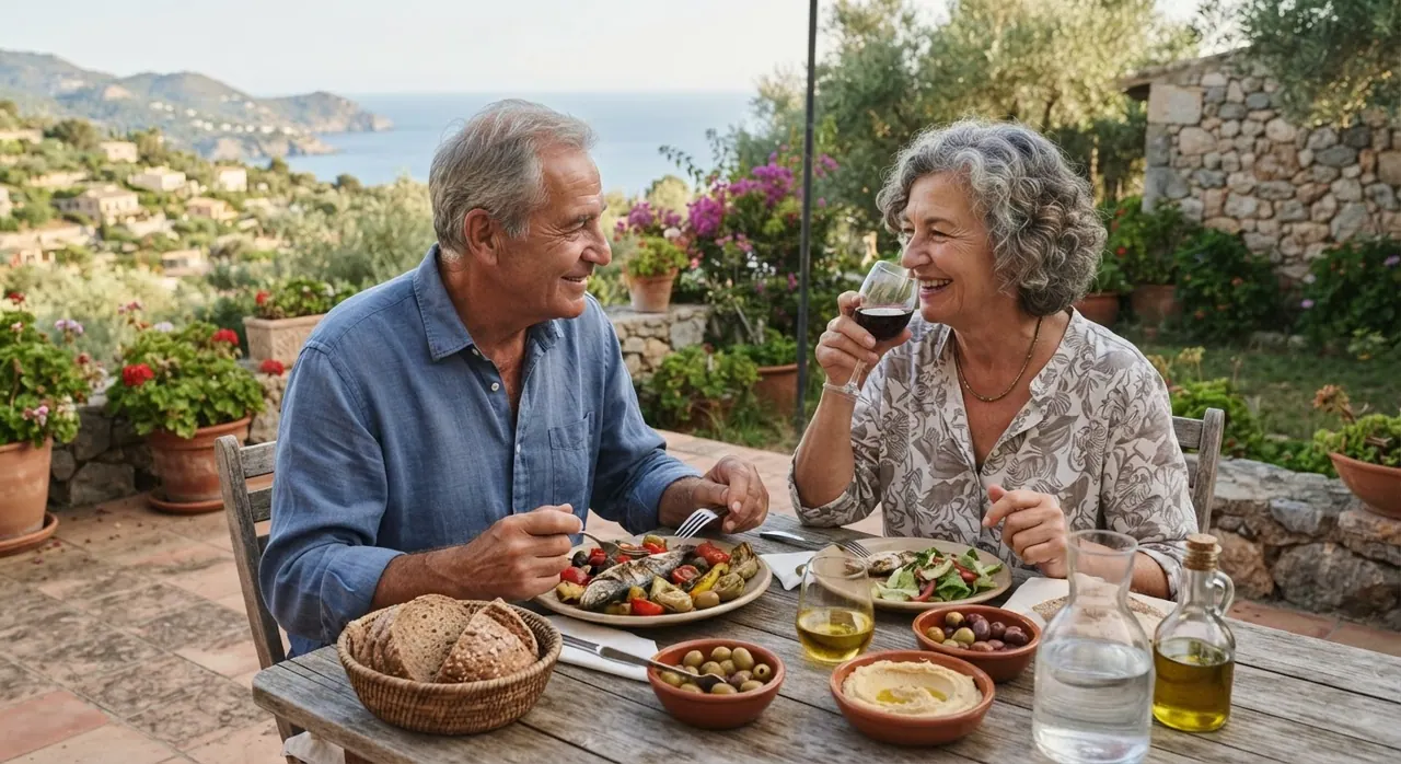 Pareja de ancianos disfrutando de una comida mediterránea saludable