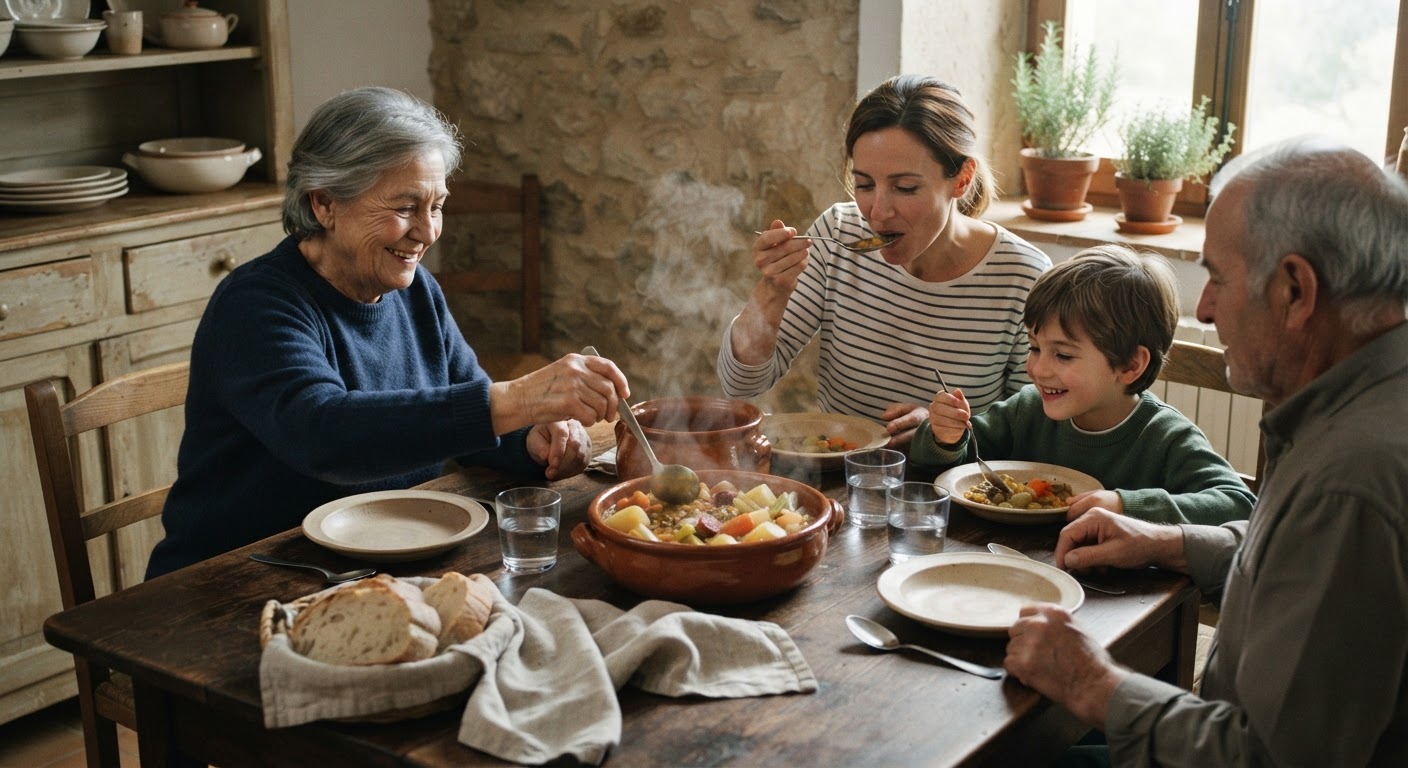 Un reconfortante plato de lentejas estofadas con verduras, un alimento básico en España y rico en proteínas y hierro.