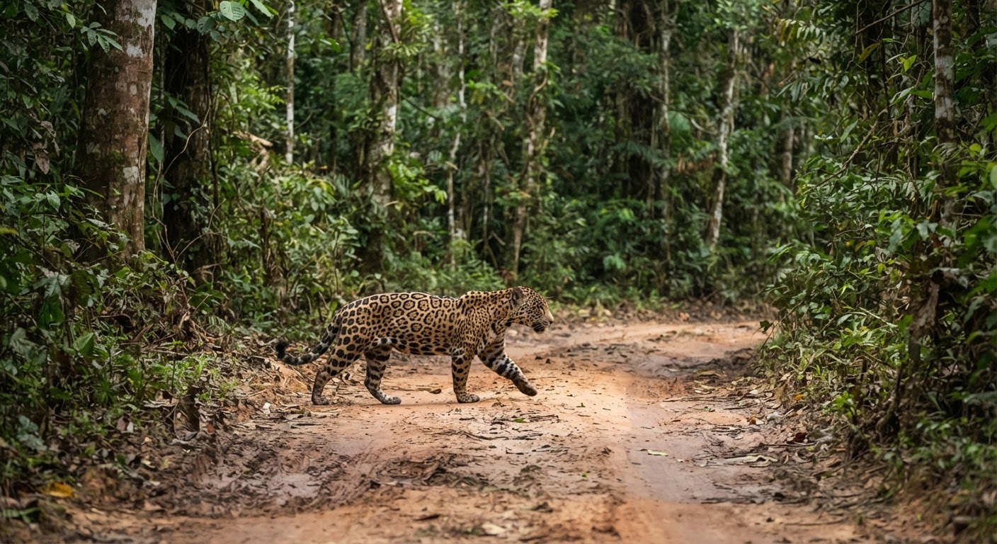 Onça-pintada atravessando uma estrada na floresta tropical
