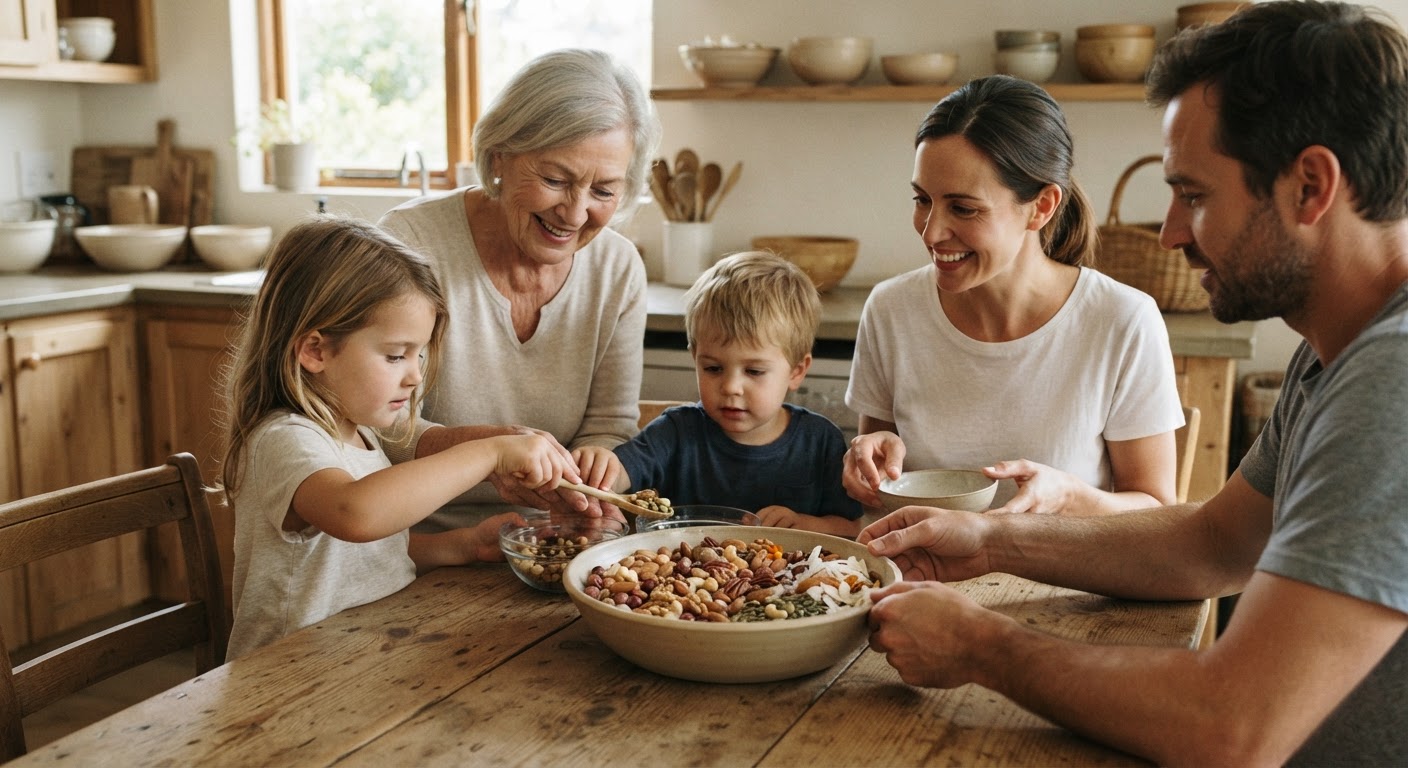 Un surtido de frutos secos y semillas, fuentes ricas en grasas saludables, proteínas, vitaminas y minerales esenciales.