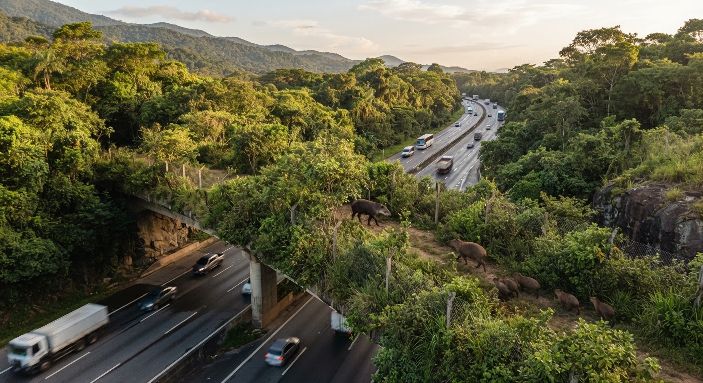 Uma passagem de vida selvagem sobre uma autoestrada no Brasil, projetada para permitir a travessia segura de animais terrestres.