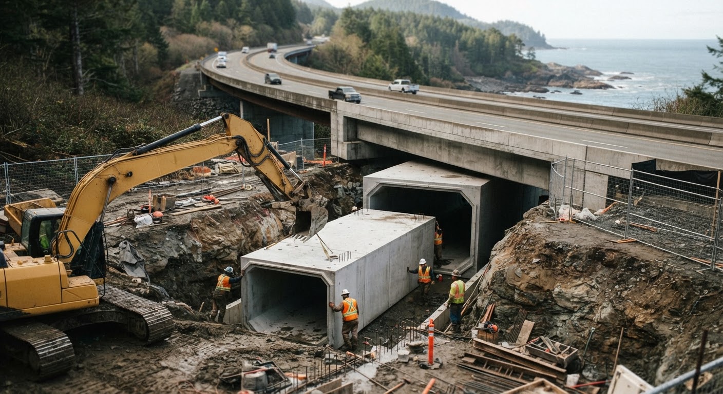 Construção de um túnel de vida selvagem sob uma estrada, uma solução que requer planeamento cuidadoso e investimento significativo.