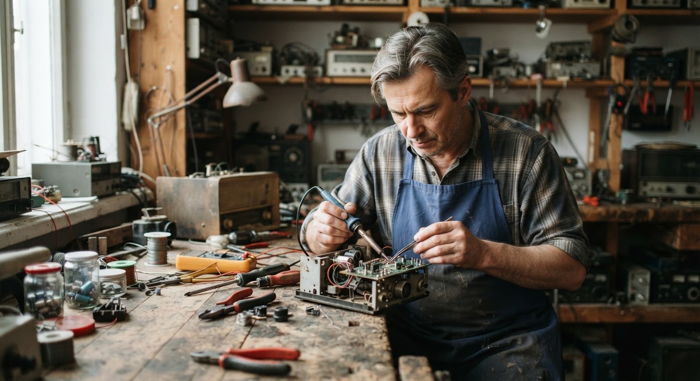 Ein Mann repariert alte Elektronik in einer Werkstatt, um die Langlebigkeit zu fördern.