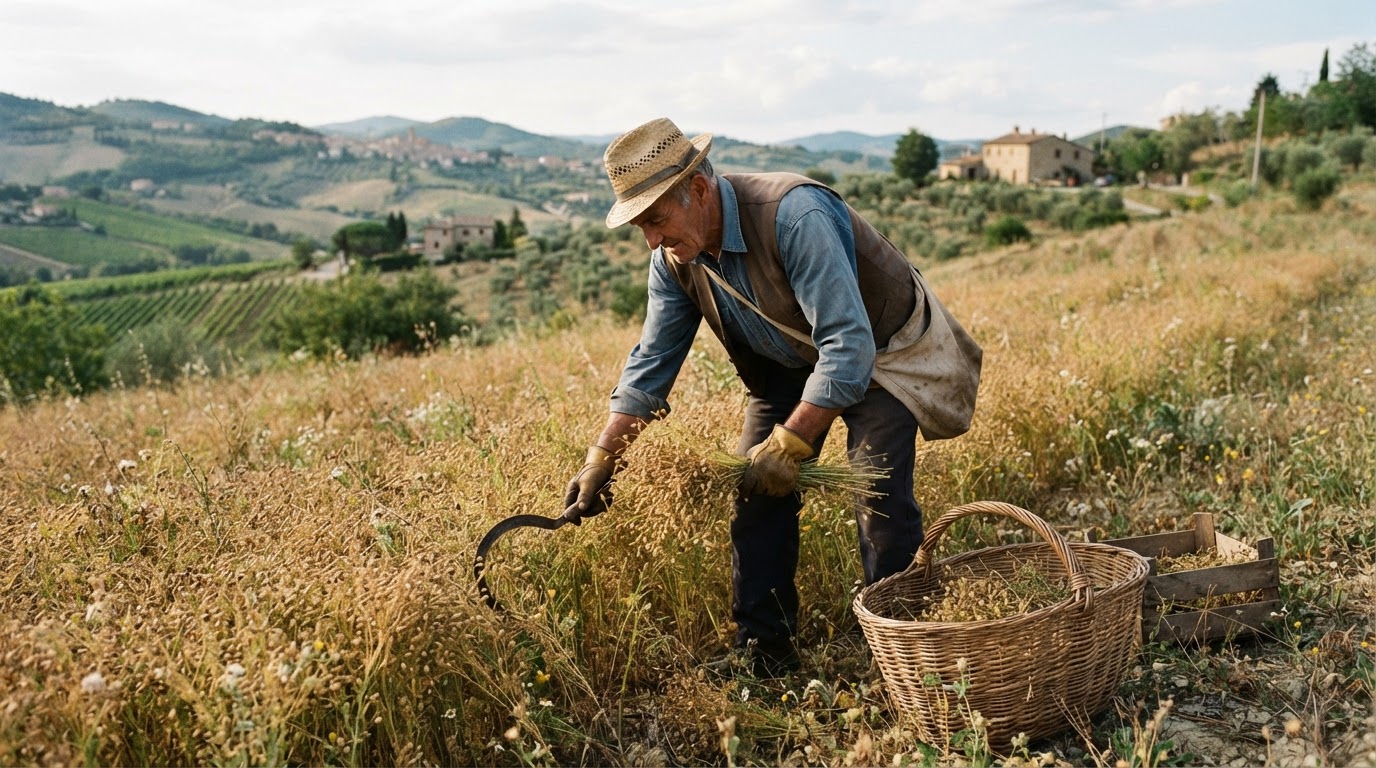 Contadino italiano raccoglie lenticchie in un campo