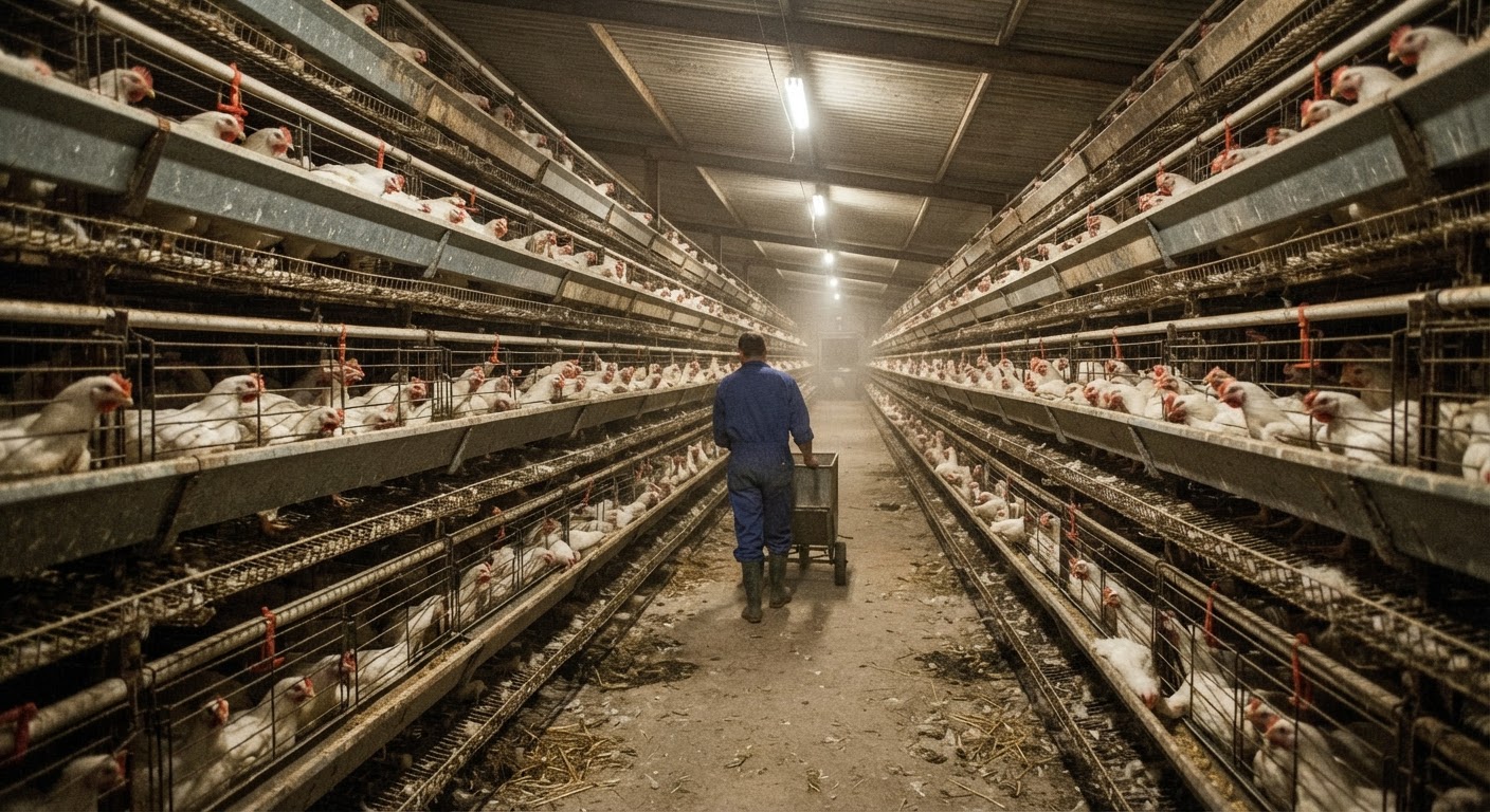 Intérieur d'une exploitation intensive de poulets, avec des milliers d'oiseaux dans des cages ou des espaces restreints.