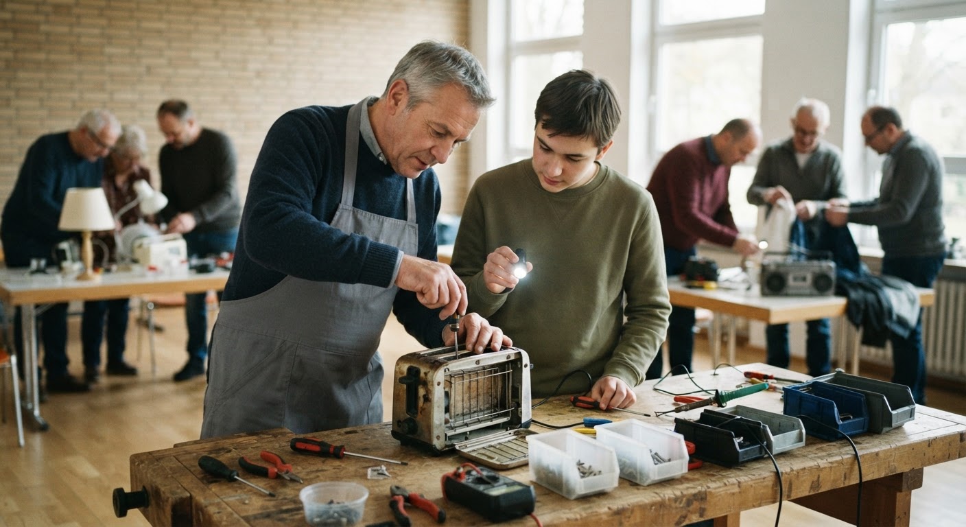 Ein Repair-Café in Deutschland: Ehrenamtliche helfen bei der Reparatur von Alltagsgegenständen und fördern den Austausch von Wissen.