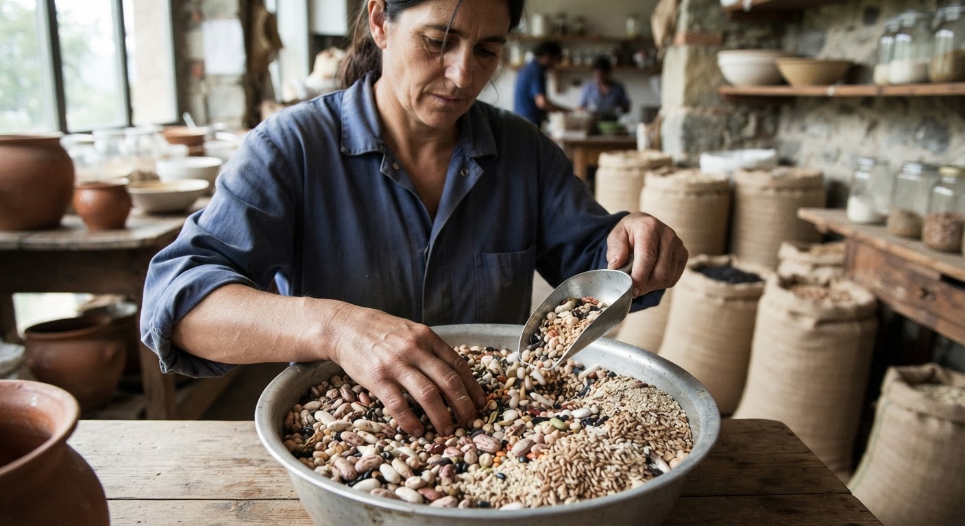 Una ricca selezione di legumi secchi e cereali integrali, ingredienti base di una cucina sana e sostenibile.