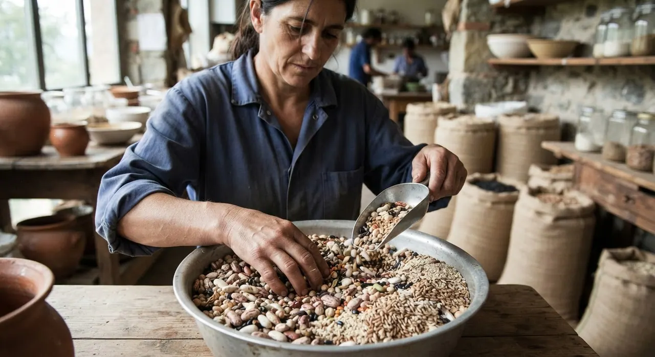 Una ricca selezione di legumi secchi e cereali integrali, ingredienti base di una cucina sana e sostenibile.