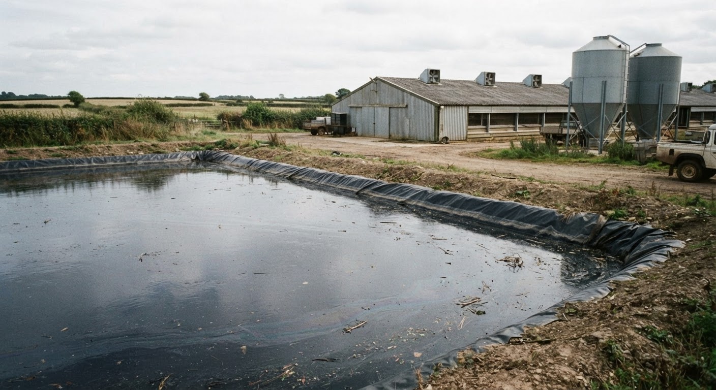 Une lagune de déjections animales dans une exploitation avicole intensive, source potentielle de pollution de l'eau et de l'air.