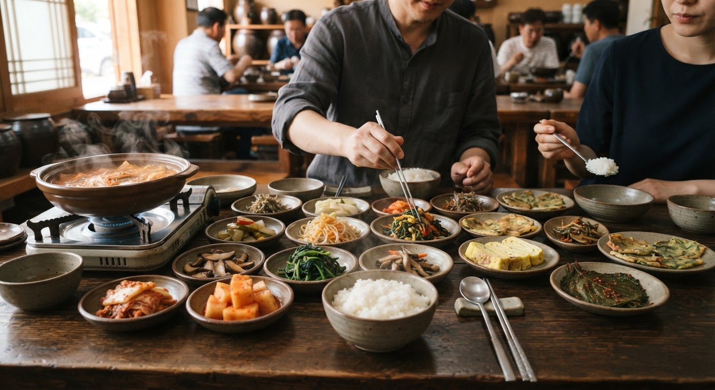 다양한 반찬과 밥이 차려진 한국 식탁