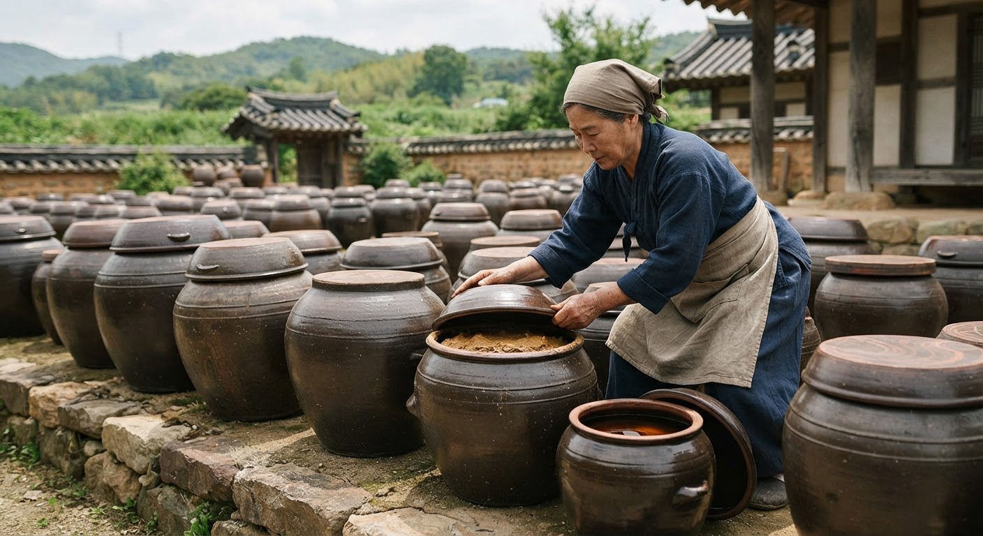 옹기에서 숙성되는 전통 장류는 깊은 풍미와 영양을 자랑합니다.
