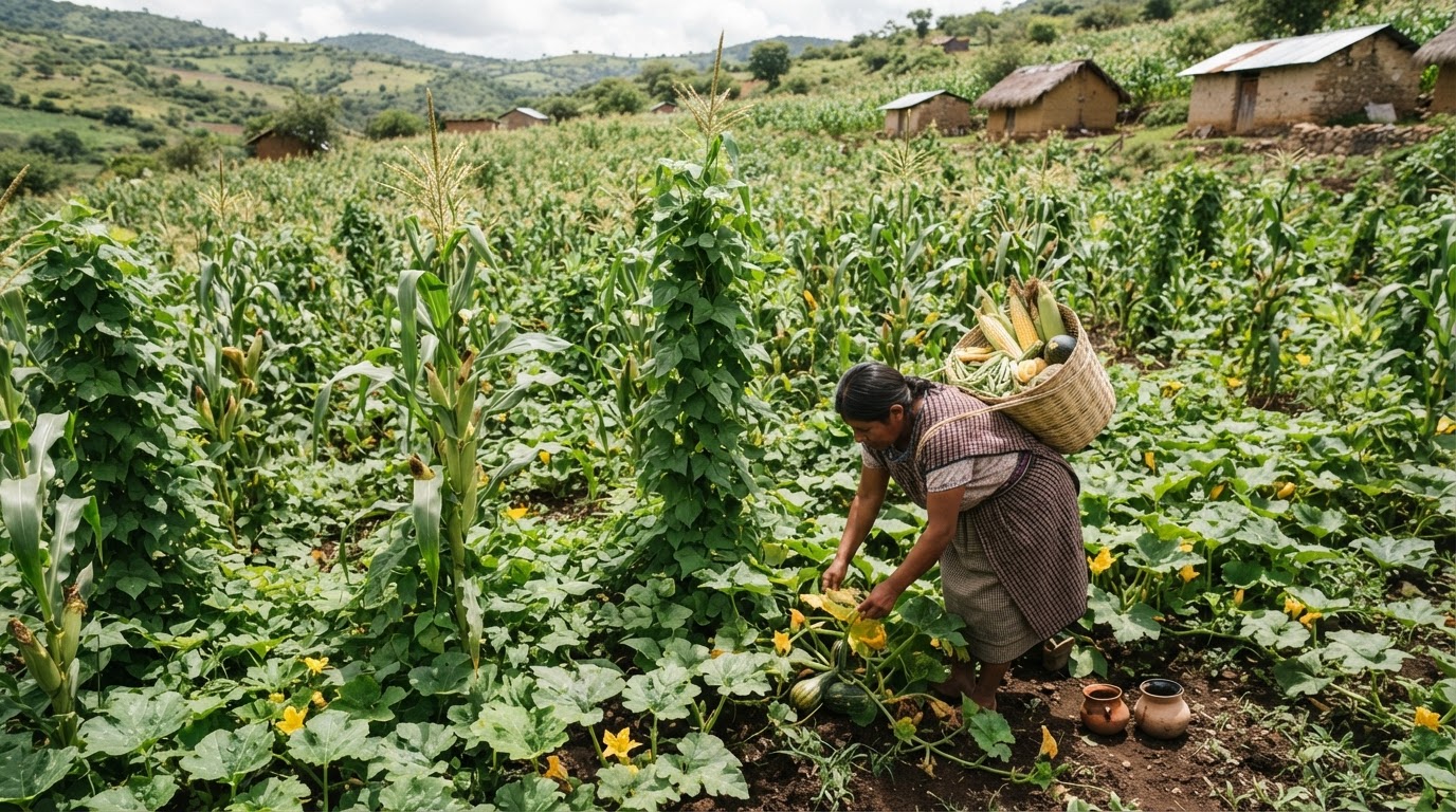 Milpa tradicional mexicana con maíz, frijol y calabaza
