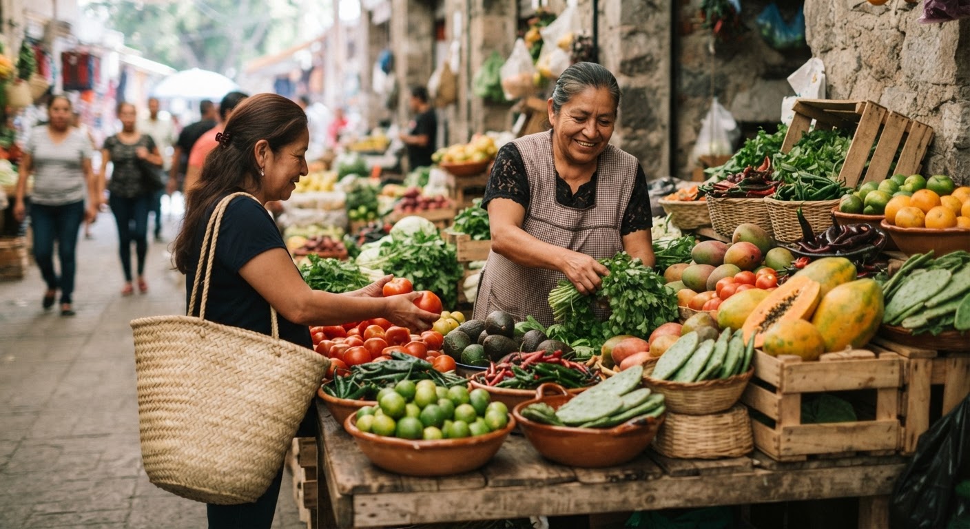 Mercado local: una fuente vital de alimentos frescos y nutritivos para una dieta vegana.
