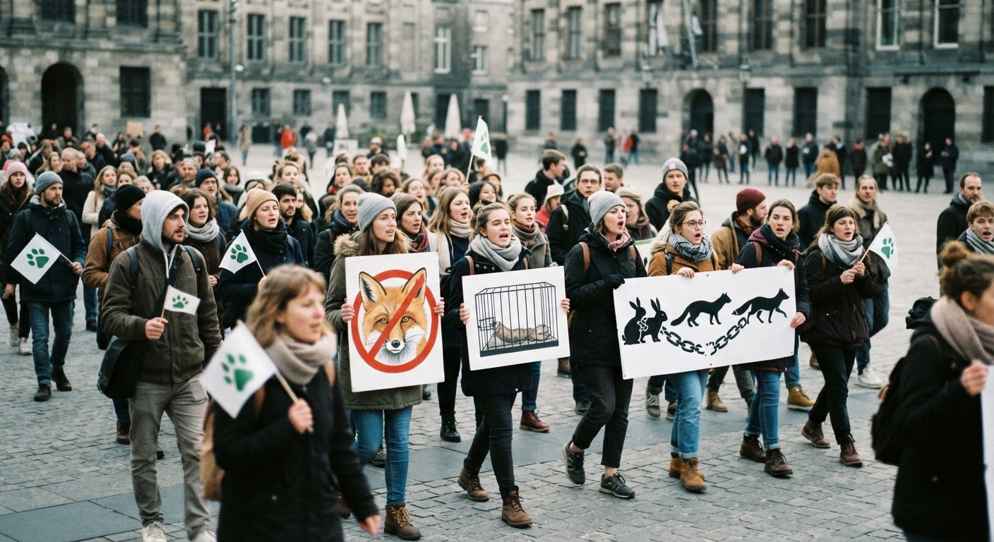 People protesting against fur farming, holding signs that advocate for animal welfare.