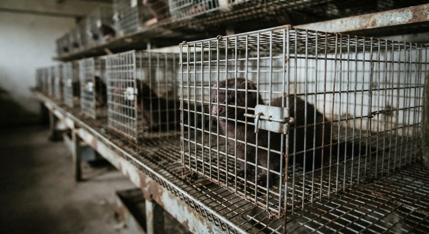 Small, barren cages are common on fur farms, failing to meet the complex behavioural needs of animals like mink.