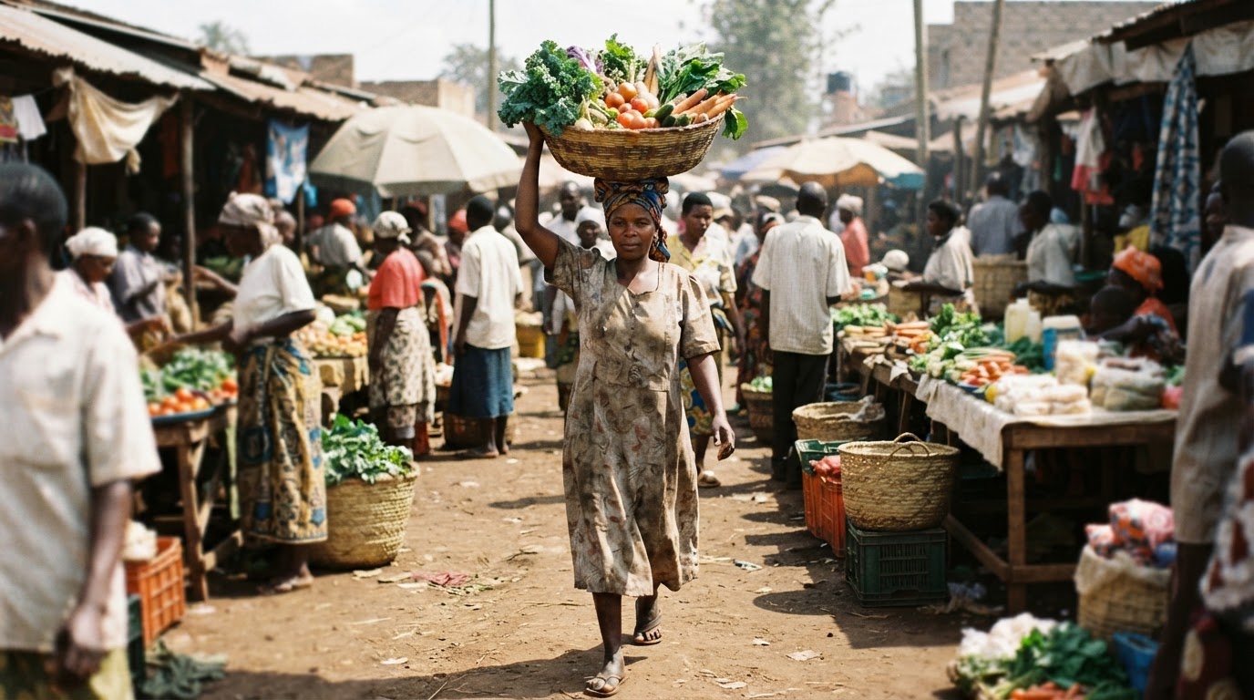 Mwanamke mkulima amebeba kikapu cha mboga katika soko la Afrika Mashariki