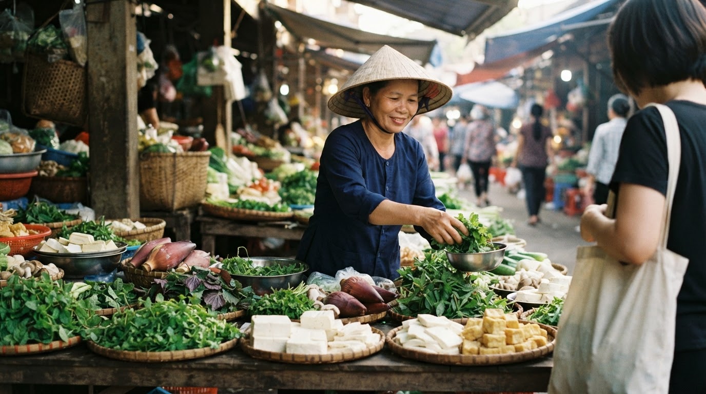 Một quầy hàng chay tại chợ Việt Nam với các loại rau thơm tươi và đậu phụ