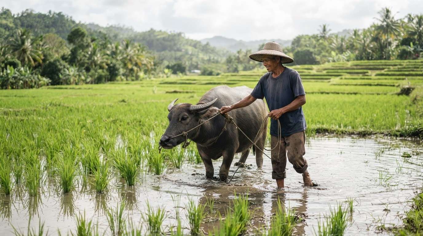 Magsasakang Pilipino na nag-aalaga ng kalabaw sa taniman ng palay