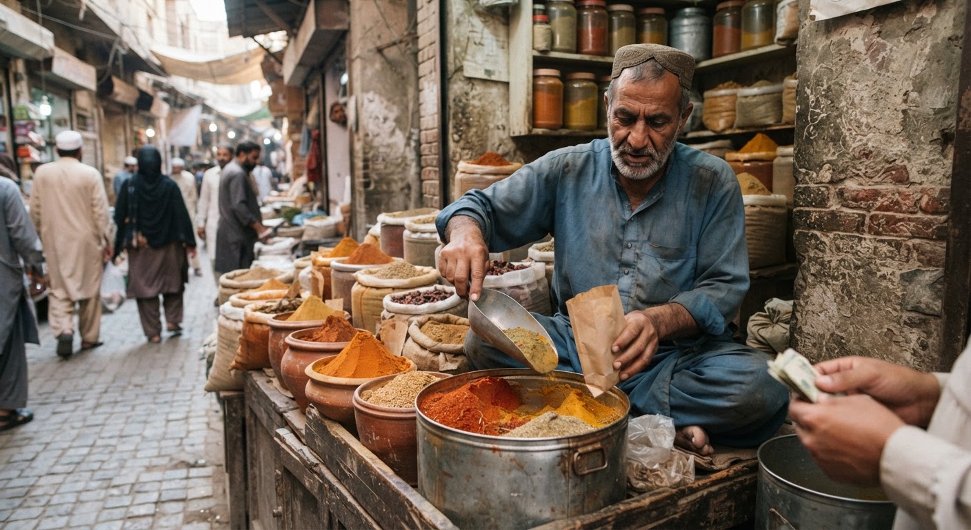 پاکستان کے ایک بازار میں مختلف قسم کے مصالحے