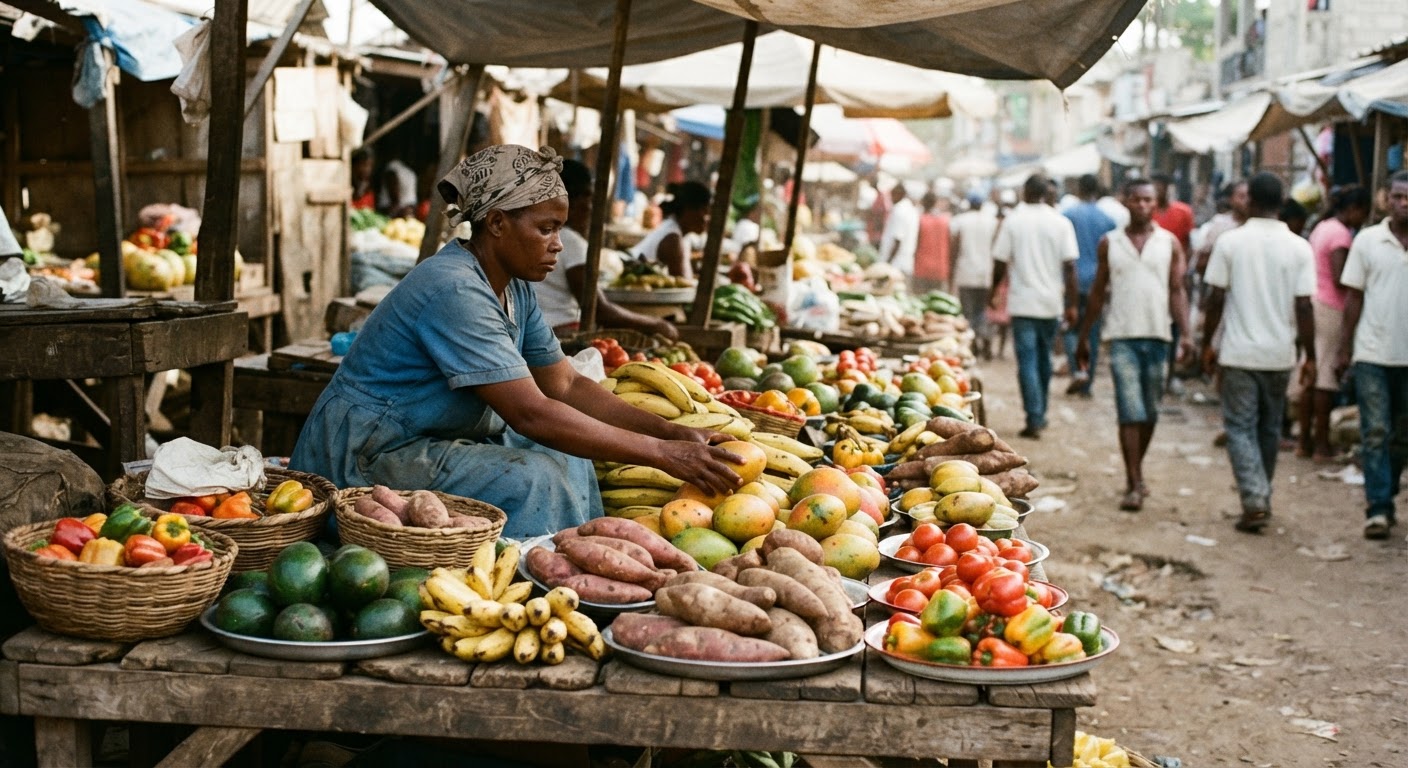Yon mache ann Ayiti plen ak pwodwi fre, tankou fwi, legim, ak rasin.
