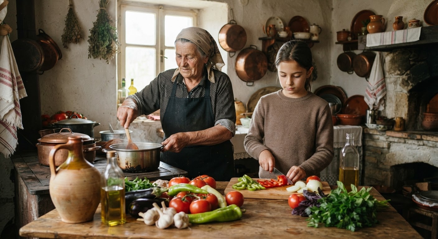Një kuzhinë fshati shqiptar me perime të freskëta dhe vaj ulliri