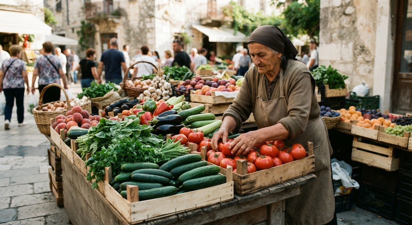 Tregu lokal ofron një shumëllojshmëri perimesh dhe frutash të stinës, ideale për dietën vegane.