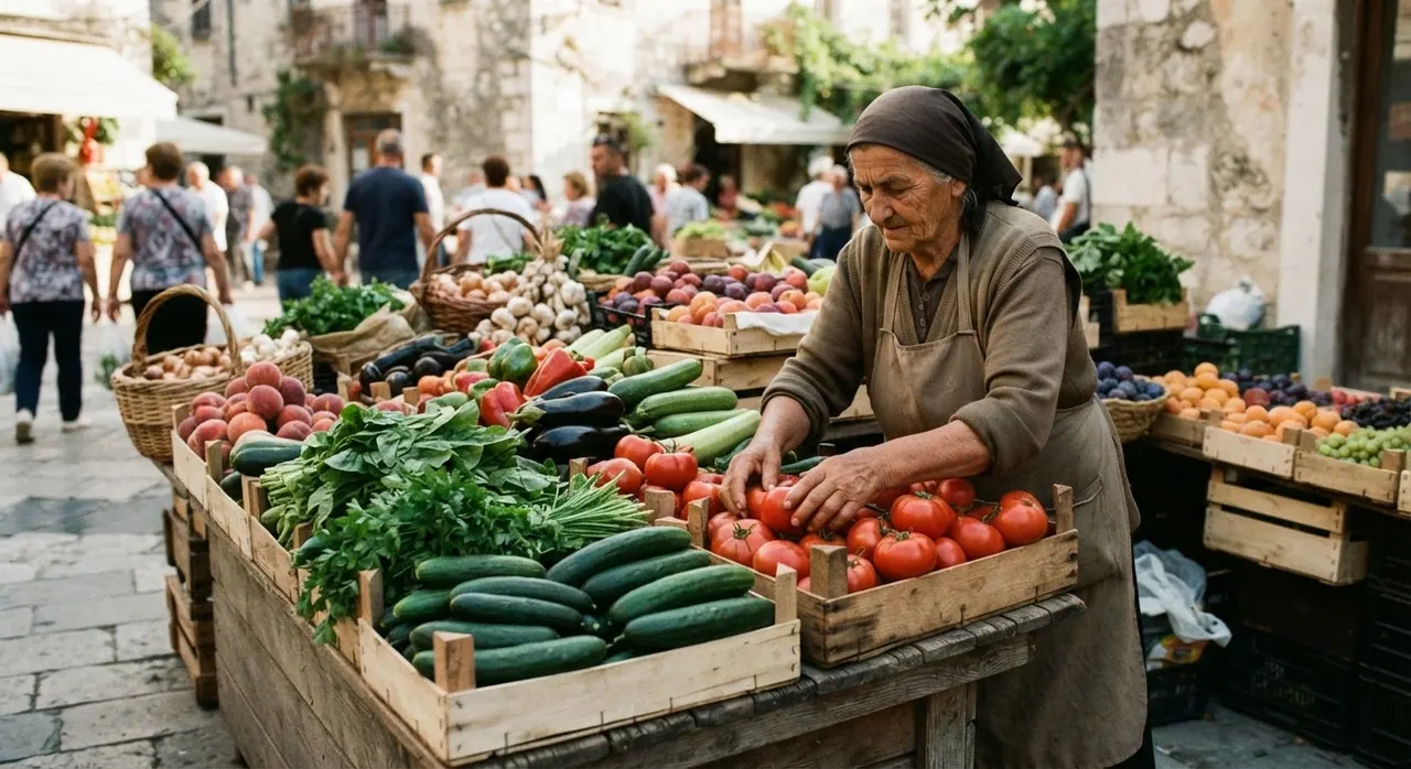 Tregu lokal ofron një shumëllojshmëri perimesh dhe frutash të stinës, ideale për dietën vegane.