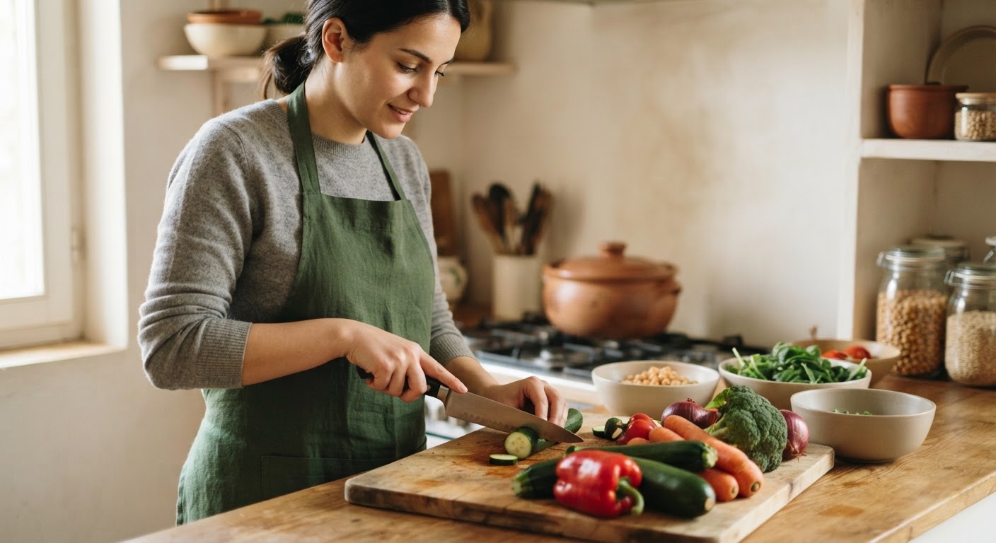 Një grua e re shqiptare duke përgatitur një vakt të shëndetshëm vegan me perime të freskëta.