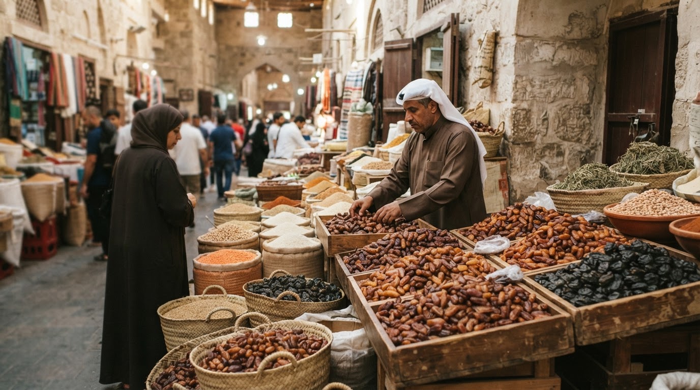 سوق تقليدي في الشرق الأوسط يعرض التمور والحبوب