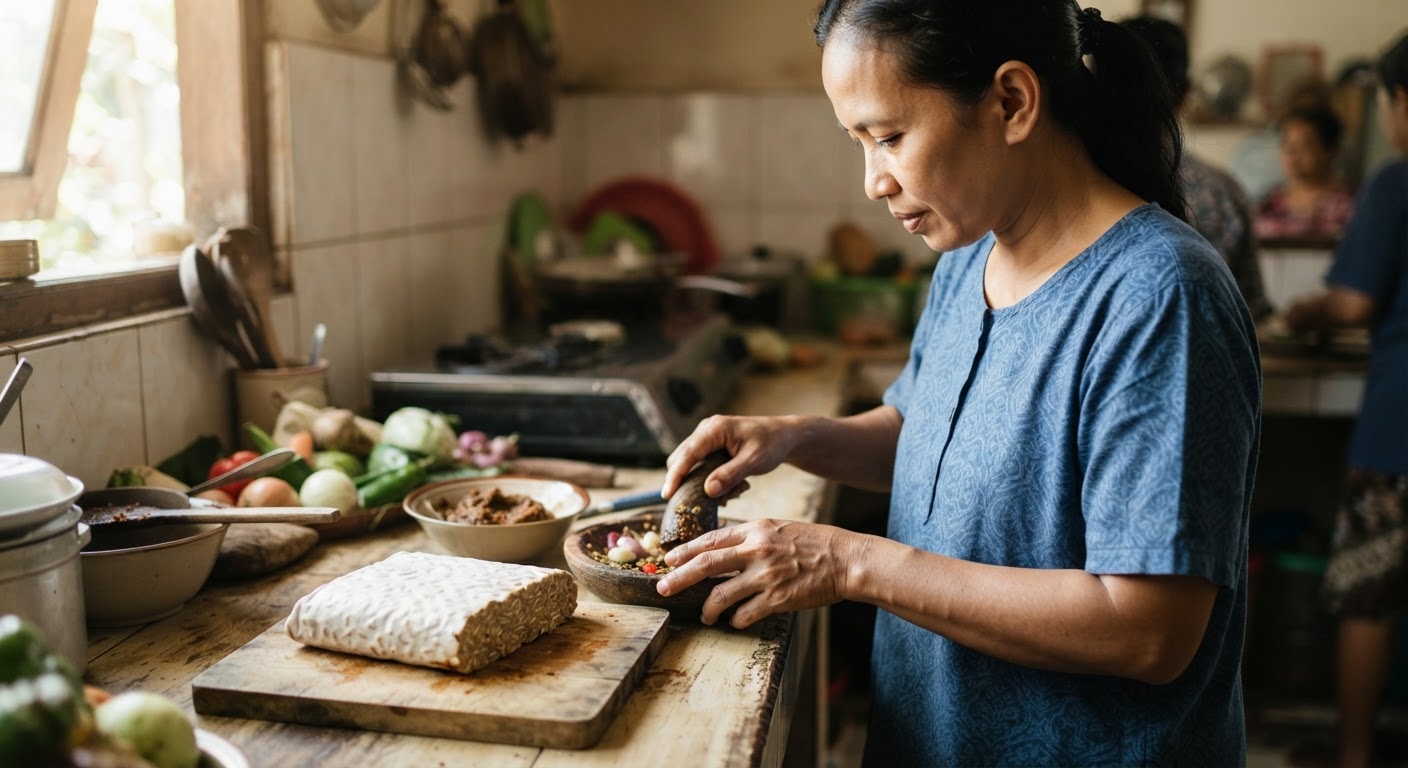 Blok tempe utuh yang dibumbui siap dimasak, menunjukkan tekstur fermentasinya yang khas.