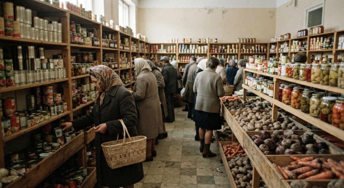 Интерьер советского продуктового магазина с полками, заполненными консервами и корнеплодами