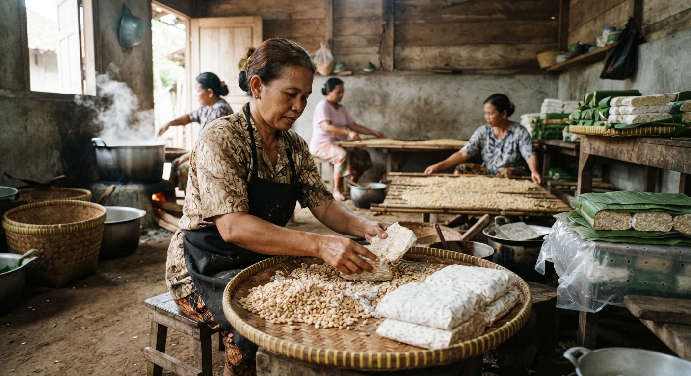 Proses pembuatan tempe tradisional di Indonesia, yang melibatkan fermentasi biji kedelai menggunakan ragi khusus.