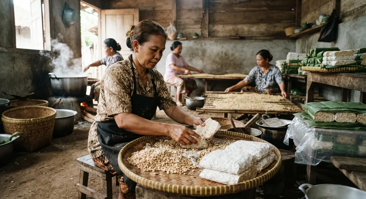 Proses pembuatan tempe tradisional di Indonesia, yang melibatkan fermentasi biji kedelai menggunakan ragi khusus.