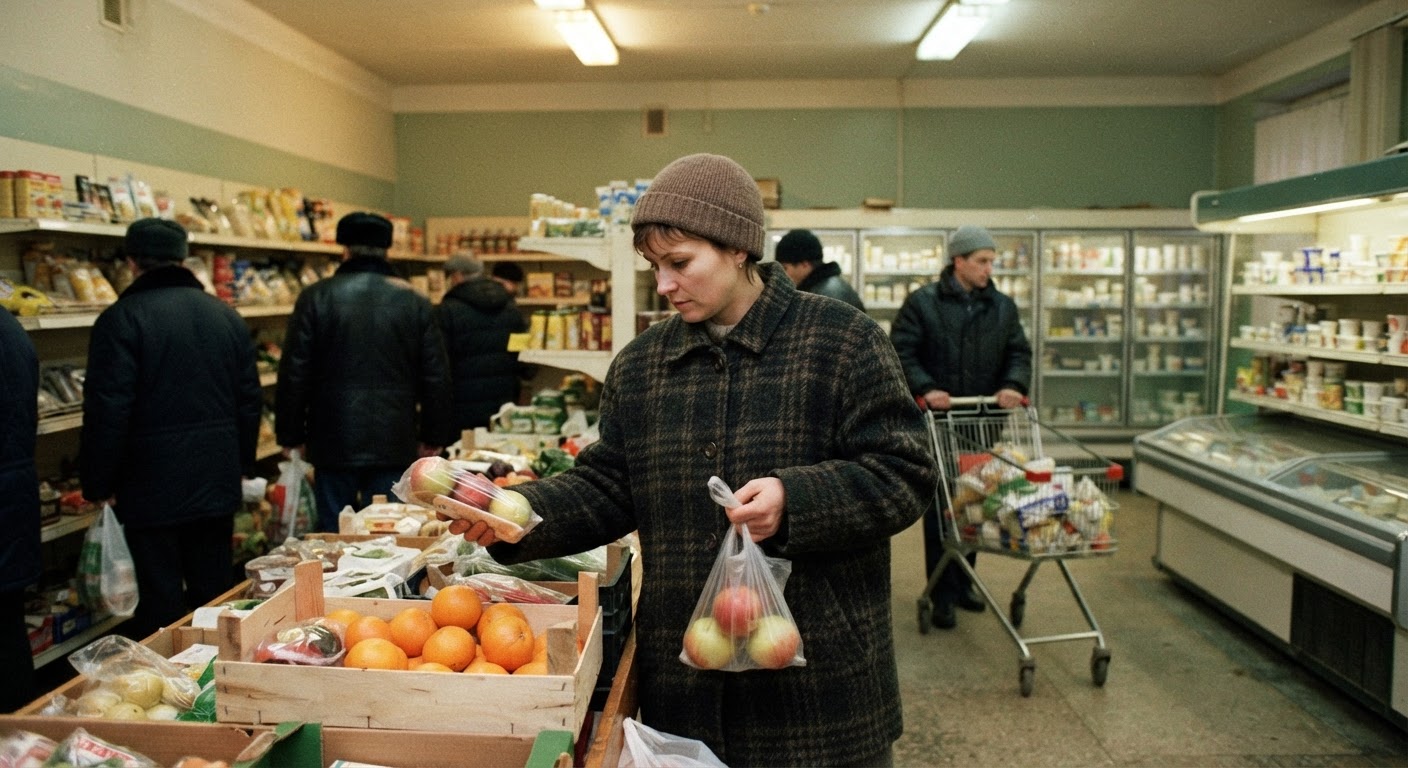 Супермаркет в России в 1990-е годы, отражающий появление новых продуктов.