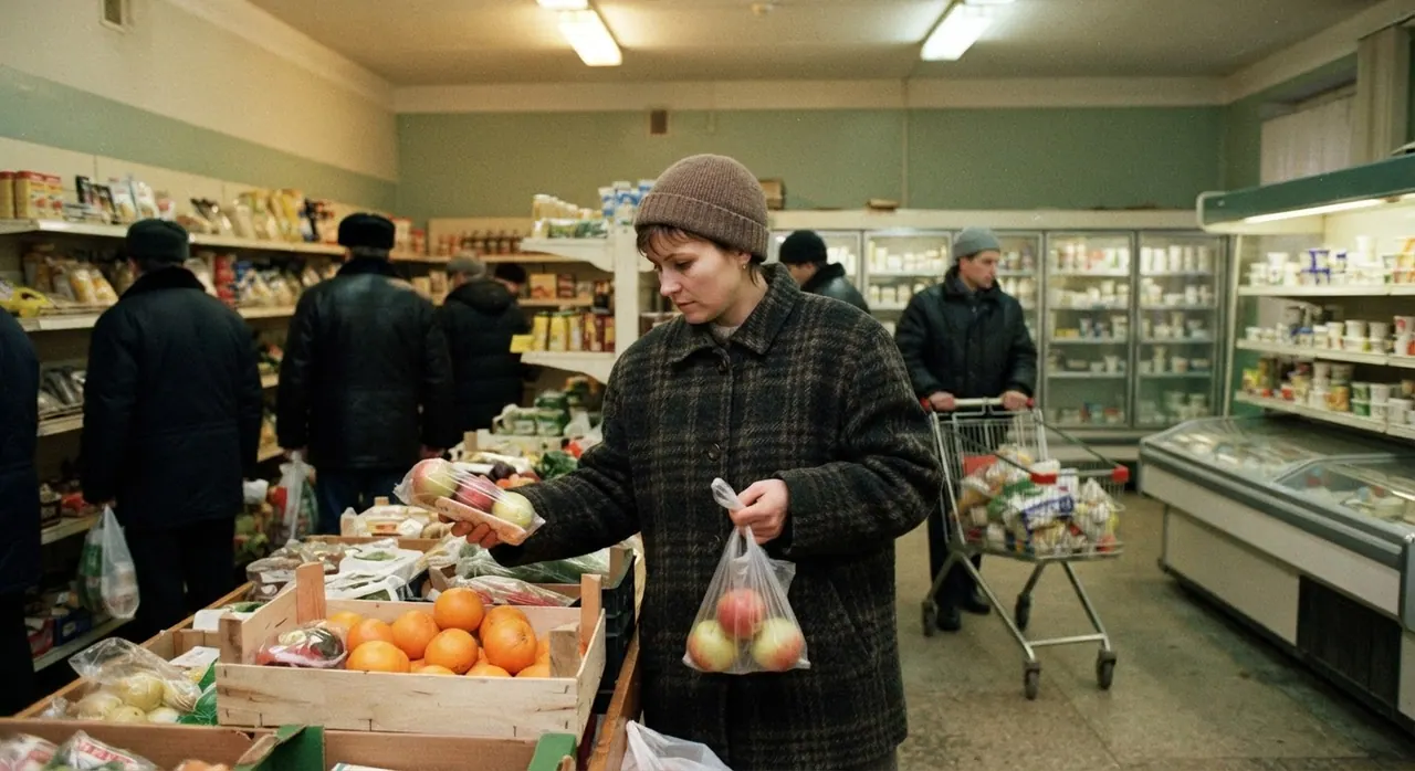 Супермаркет в России в 1990-е годы, отражающий появление новых продуктов.