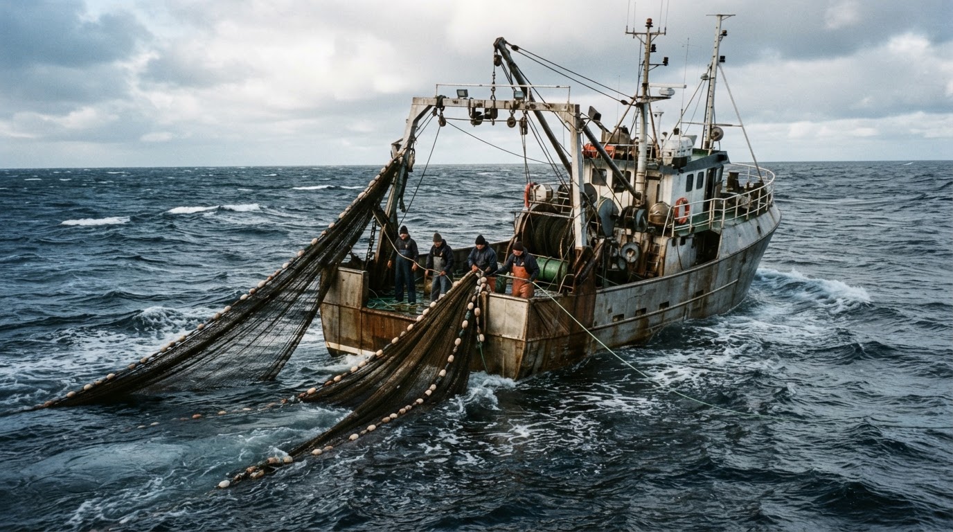 Barco pesquero con redes en alta mar