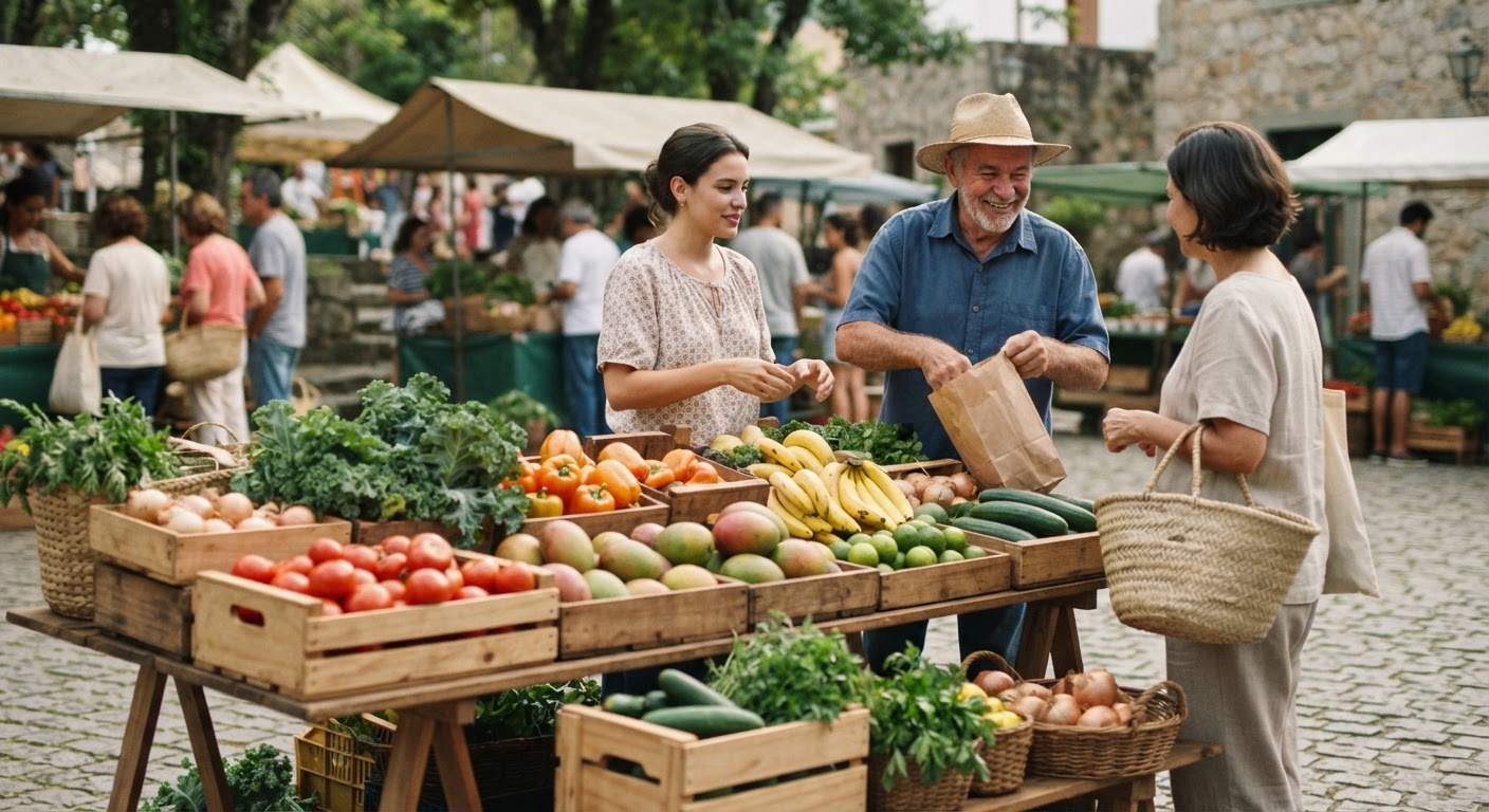 Bancada colorida num mercado de agricultores locais, exibindo uma variedade de frutas e vegetais frescos.