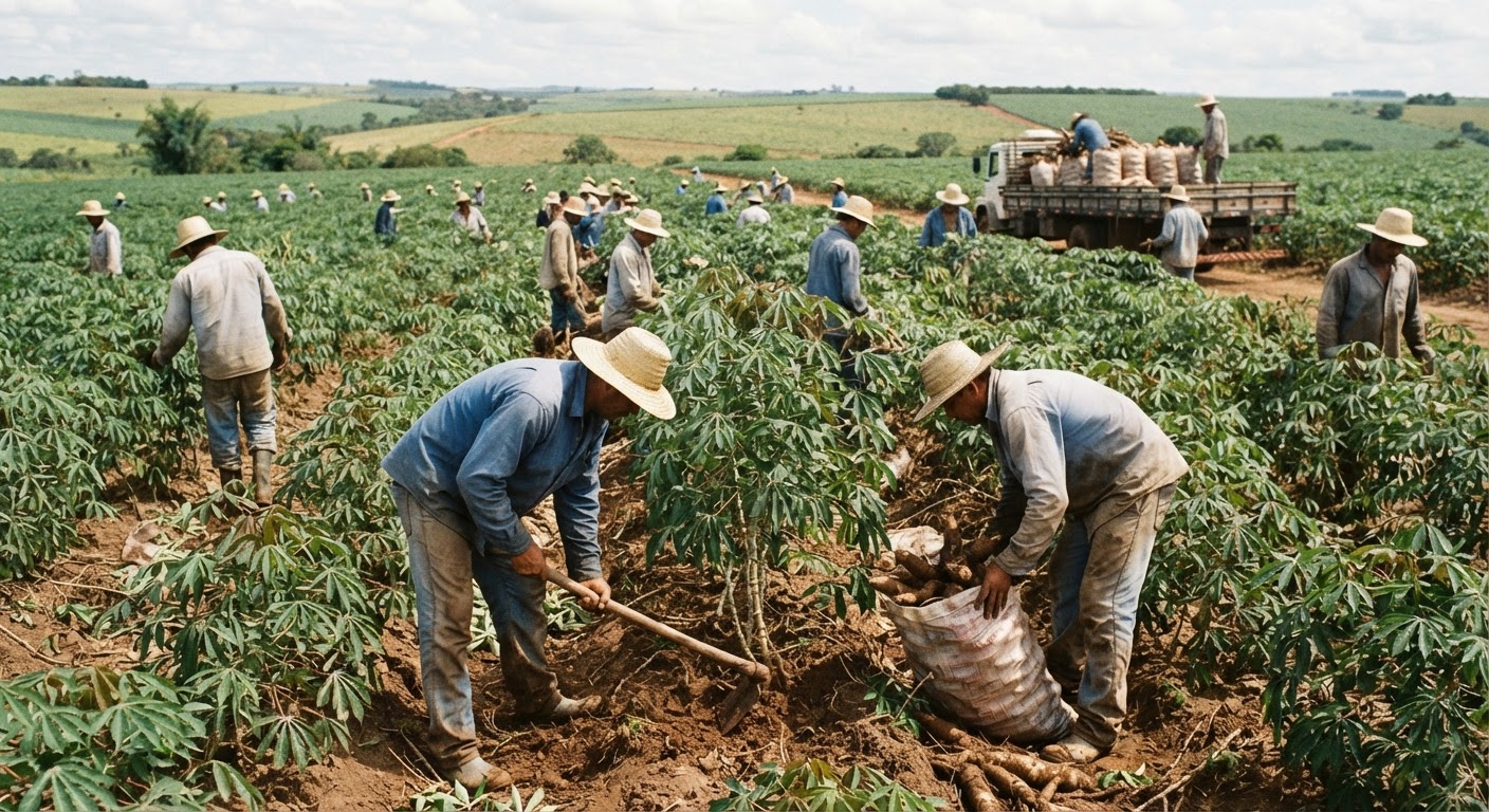 Campos de mandioca no Brasil, um alimento básico importante em muitas regiões.