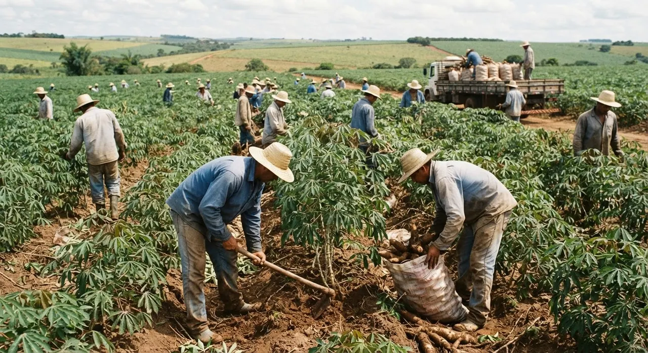 Campos de mandioca no Brasil, um alimento básico importante em muitas regiões.