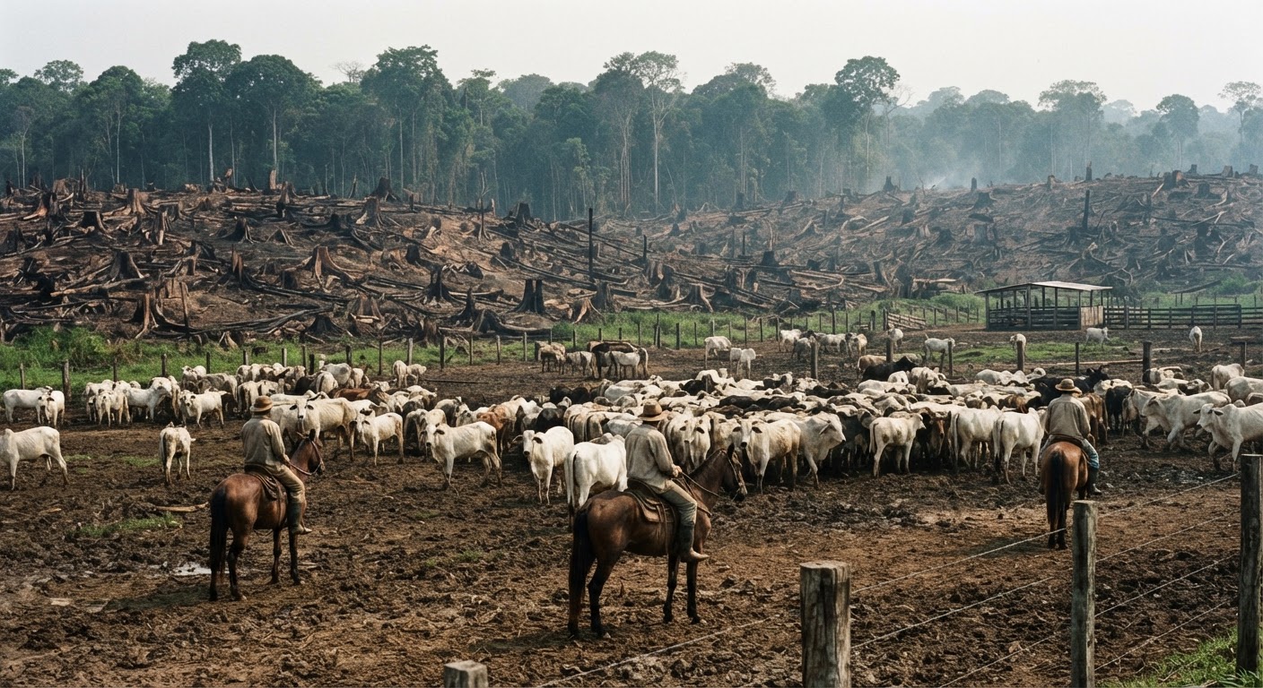 Desflorestação na Amazónia para expansão de pastagens para gado.
