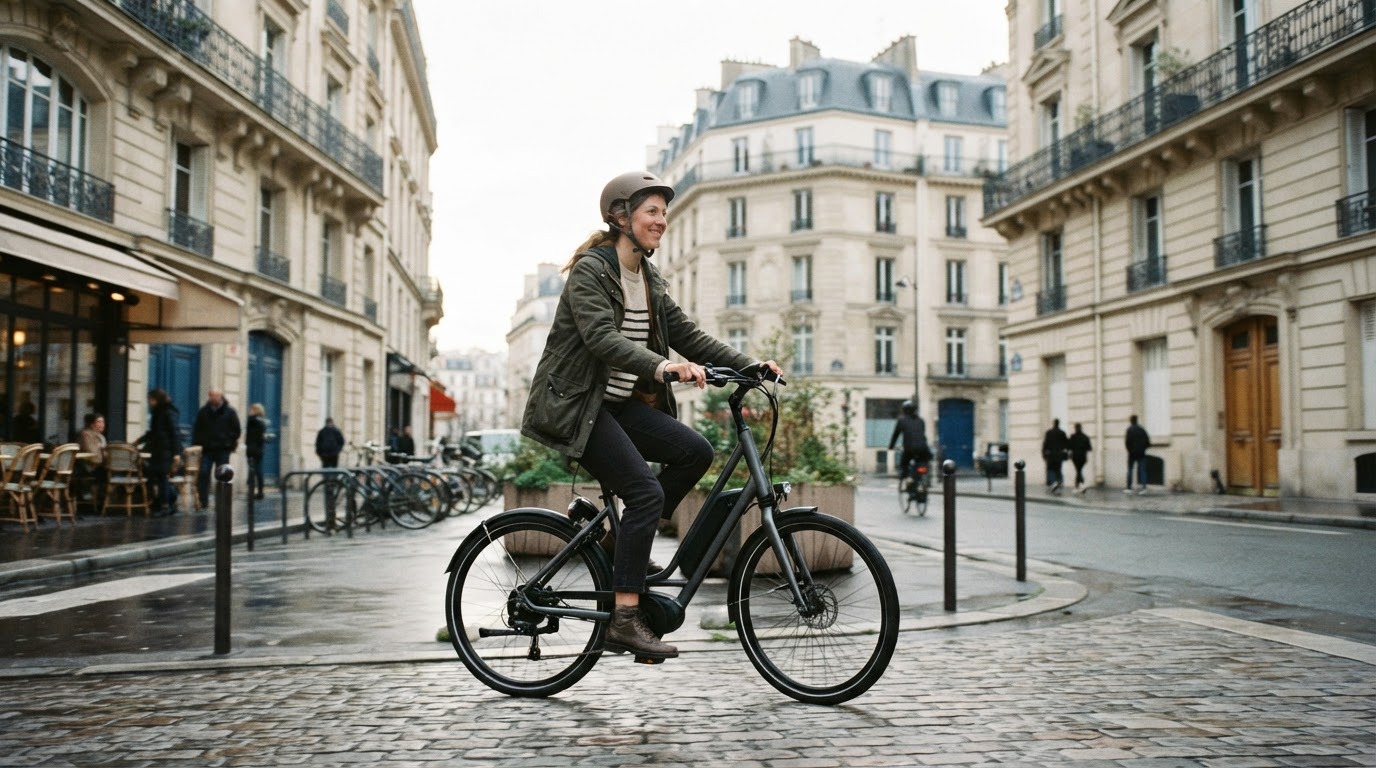 Femme traversant une rue parisienne à vélo électrique