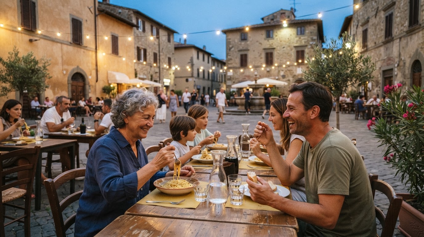 Una piazza italiana animata dove le persone gustano un piatto di pasta.