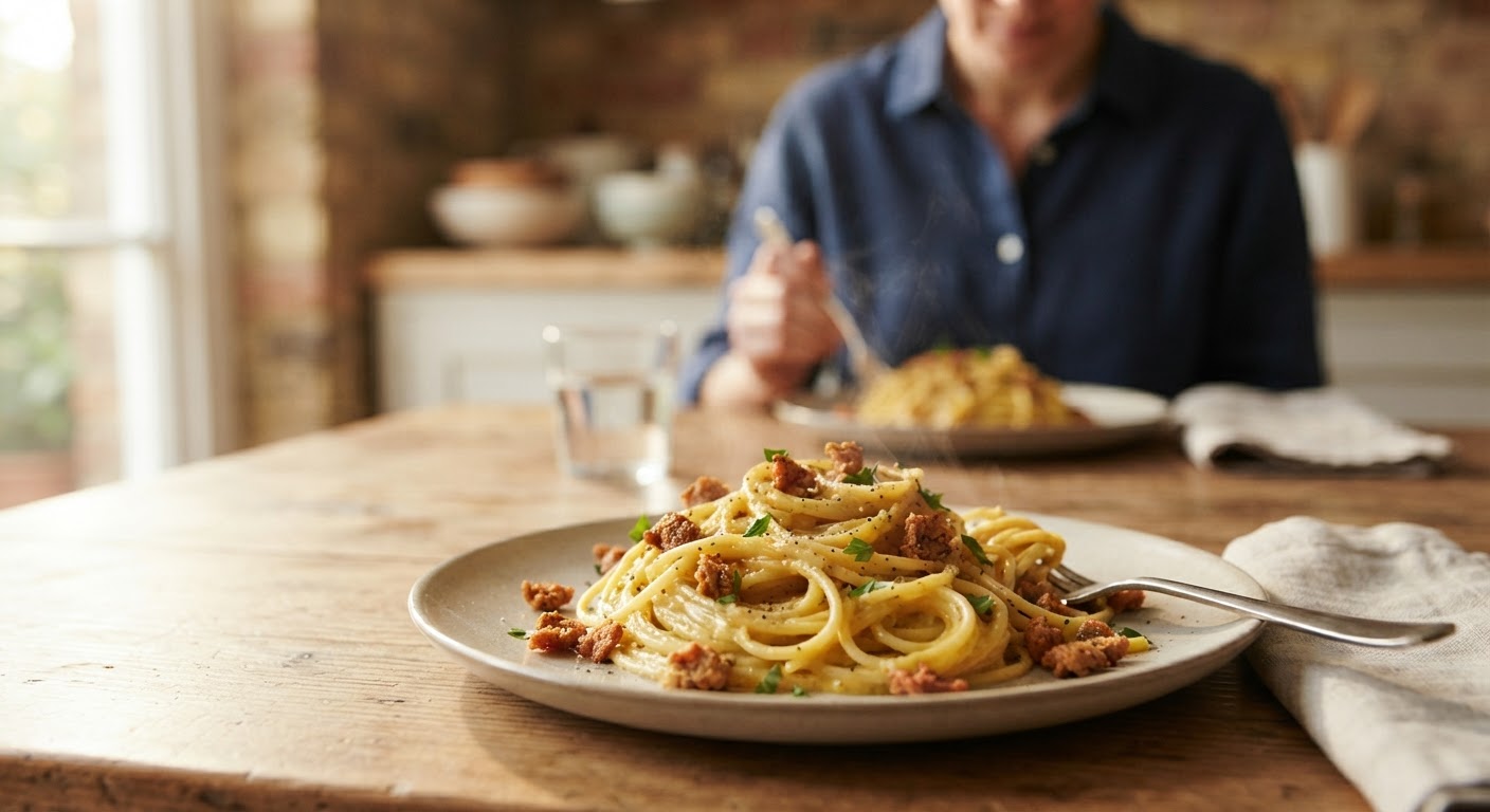 Un invitante piatto di spaghetti alla carbonara vegana, pronto per essere gustato.