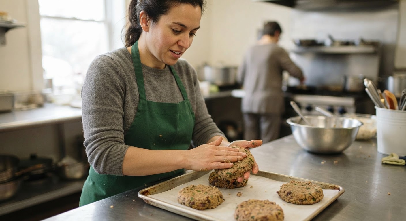 Ein herzhafter, hausgemachter veganer Bohnenburger.