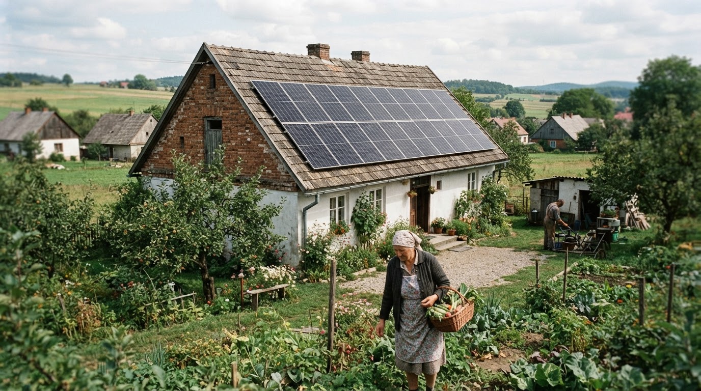 Panele słoneczne na dachu wiejskiego domu w Polsce