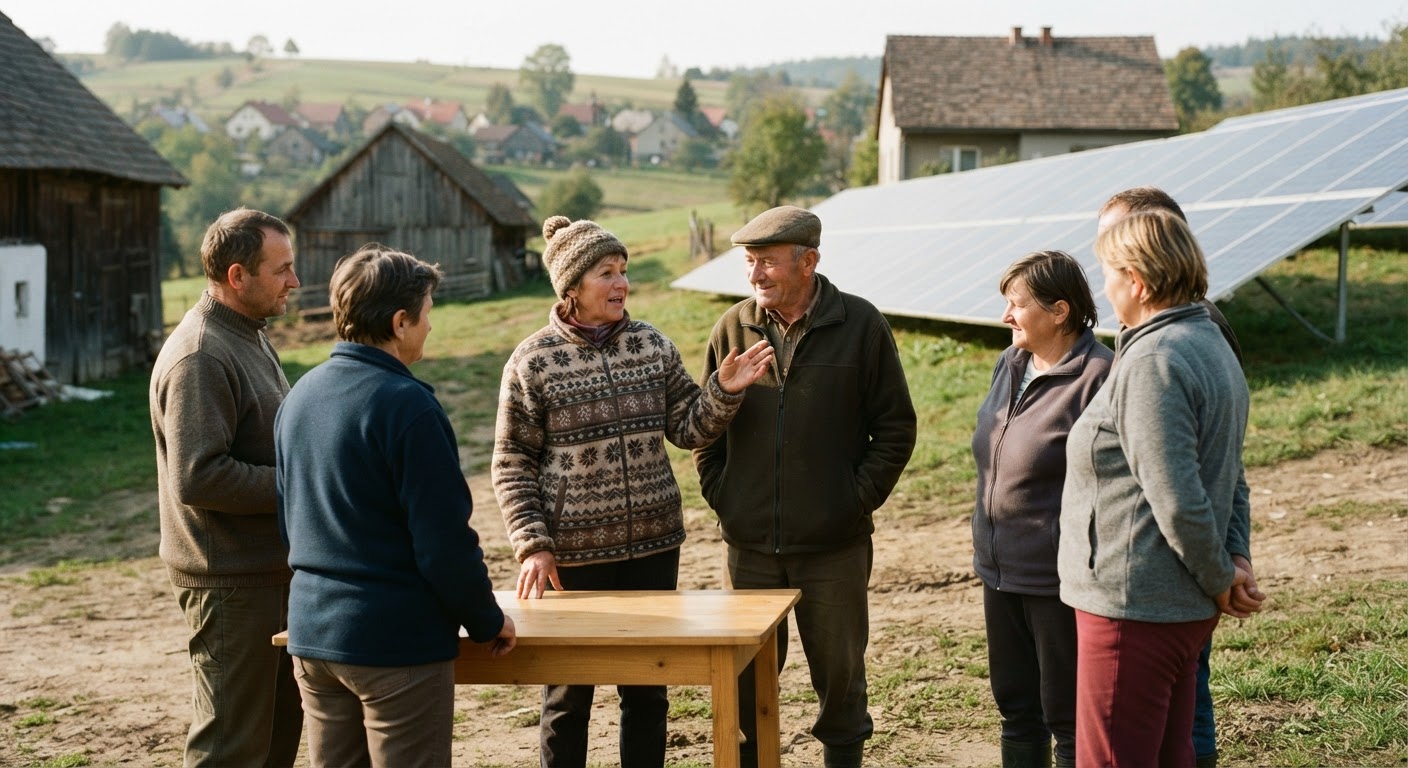 Spotkanie mieszkańców w sprawie wspólnej inwestycji w panele słoneczne na wsi.